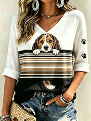 Peeking Beagle & Paw Prints Colorblock T-shirt à manches mi-longues pour femmes