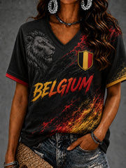 T-shirt à manches courtes et col en V pour le football féminin, modèle Belgique