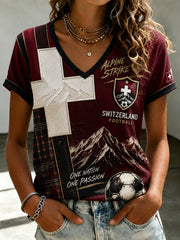 T-shirt à manches courtes et col en V, imprimé sur le thème du football féminin