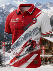 Polo homme à manches courtes, en maille gaufre texturée, imprimé sur le thème du ski