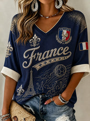 Chemise en lin à col V pour femme, motif France Football