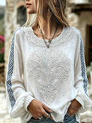 Chemise en lin et coton rétro à motif de tête de loup Femme