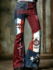 Femmes Français Rugby Patchwork Imprimer Casual Retro Pantalon évasé
