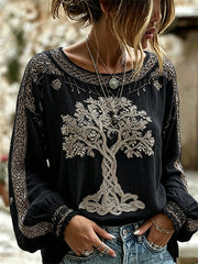 Chemise Femme Vintage Viking Arbre de Vie Imprimé Coton-Lin
