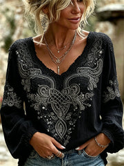 Chemise Femme Élégante Viking Celtique Noeud Floral Dentelle Imprimée Coton-Lin