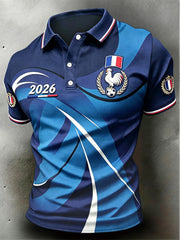 Polo décontracté pour homme, bleu marine, motif coq français footballistique
