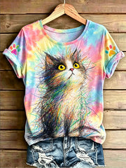 T-shirt vintage à manches courtes, ample, à imprimé artistique félin pour femme
