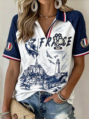 T-shirt polo décontracté à col en V pour femme, imprimé du Mont-Saint-Michel, football français