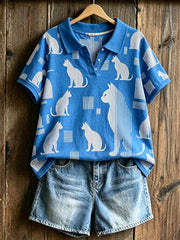 T-shirt polo à imprimé chat pour femme