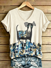 T-shirt vintage à manches courtes, ample, à imprimé animalier canin pour femme