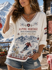 Haut à col en V pour femme, imprimé sur le thème du ski