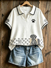 T-shirt polo à imprimé chat pour femme