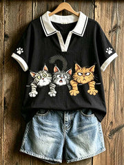 T-shirt polo à imprimé chat pour femme