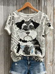Schnauzer Dog & Paw Print Journal Patchwork Art Print T-shirt à manches courtes pour femmes