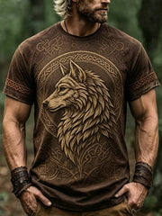 T-shirt décontracté rétro pour homme, à manches courtes, effet délavé, imprimé motif loup viking