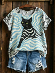 T-shirt vintage pour femme à imprimé chat