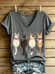 T-shirt vintage à manches courtes, ample, à imprimé artistique félin pour femme