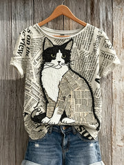 T-shirt à manches courtes Vintage Cat Newspaper Patchwork Art Print pour femmes