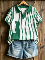 T-shirt polo à imprimé chat pour femme