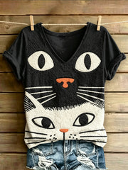 T-shirt vintage à manches courtes, ample, à imprimé artistique félin pour femme