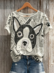 Bulldog & Paw Print Journal Patchwork Art Print T-shirt à manches courtes pour femmes