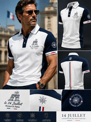 Polo décontracté rétro fête nationale française patchwork pour hommes
