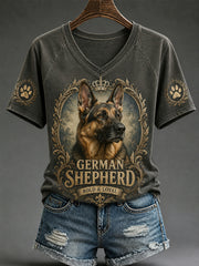 T-shirt décontracté à col en V pour femmes, imprimé chien rétro