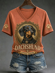 T-shirt décontracté à col en V pour femmes, imprimé chien rétro