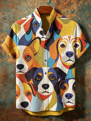 Hommes Vintage Abstrait Géométrique Animaux Chien Motif Col montant Chemise À Manches Courtes