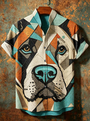 Chemise vintage pour homme à motifs abstraits géométriques, animaux et chien, col montant, manches courtes