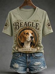 T-shirt décontracté à col en V pour femmes, imprimé chien rétro