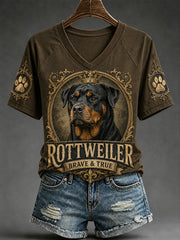 T-shirt décontracté à col en V pour femmes, imprimé chien rétro