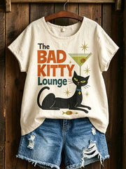 T-shirt imprimé d'art chat géométrique amusant pour femmes