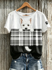 T-shirt manches courtes Peeking Scottish Terrier Dog & Scotland Tartan Colorblock Print pour femme