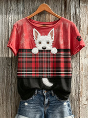 T-shirt manches courtes Peeking Scottish Terrier Dog & Scotland Tartan Colorblock Print pour femme