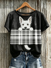 T-shirt manches courtes Peeking Scottish Terrier Dog & Scotland Tartan Colorblock Print pour femme
