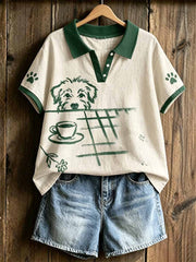 T-shirt polo à imprimé artistique chien pour femme