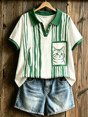 T-shirt polo à imprimé artistique chat pour femme