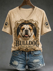 T-shirt décontracté à col en V pour femmes, imprimé chien rétro