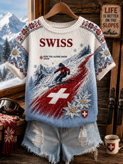 T-shirt femme à manches courtes en maille, imprimé sur le thème du ski