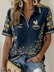 T-shirt polo à col en V décontracté pour femmes Vintage bleu marine Football français imprimé floral