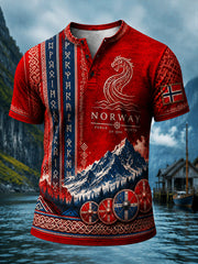T-shirt décontracté à col Henri IV, imprimé d’art rétro de style viking nordique norvégien
