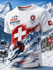 T-shirt décontracté à manches courtes pour homme, imprimé sur le thème du ski, à texture gaufre