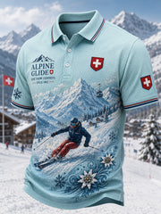 Polo décontracté à manches courtes pour homme, à imprimé ski et à texture gaufre