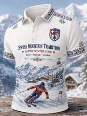 Polo homme à manches courtes, en maille gaufre texturée, imprimé sur le thème du ski