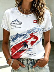 T-shirt à manches courtes décontracté imprimé sur le thème du ski pour femme