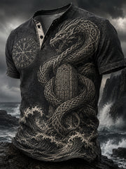 T-shirt décontracté à col Henri IV, imprimé d’art rétro de style viking nordique norvégien