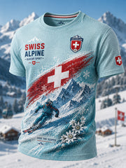 T-shirt décontracté à manches courtes texturé gaufré imprimé sur le thème du ski pour hommes