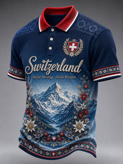 Polo homme à manches courtes, en maille gaufre texturée, imprimé sur le thème du ski