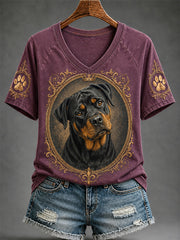 T-shirt décontracté à col en V pour femmes, imprimé chien rétro